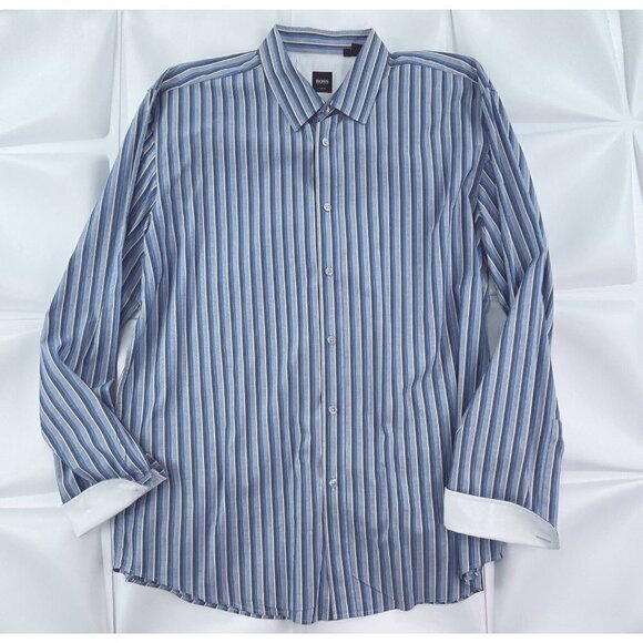 Hugo Boss Men’s Sz XXL Blue Vertical Striped Button Up Front Shirt 2XL Ronny - Picture 3 of 10